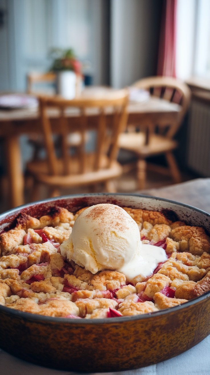 Golden brown rhubarb crisp with ice cream, served in a rustic dish.