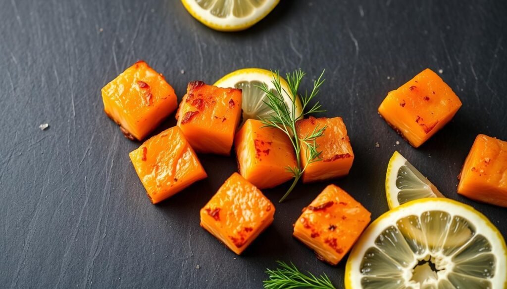 Mouth-watering air fryer salmon bites, perfectly seared with a crisp golden crust, resting on a dark slate backdrop. The salmon cubes are artfully arranged, their vibrant orange hues accentuated by strategically placed sprigs of fresh dill and lemon wedges. The scene is illuminated by soft, directional lighting, casting subtle shadows that add depth and dimension to the composition. The overall mood is one of culinary elegance and sophistication, enticing the viewer to imagine the delectable flavors and satisfying textures of these advanced air fryer salmon creations.