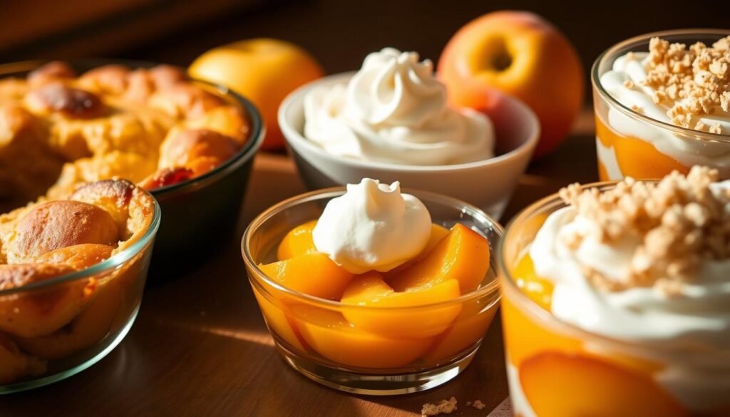 Mouth-watering shortcut peach desserts, including a luscious peach cobbler with a golden, buttery crust, tender sliced peaches nestled in a vanilla-scented filling, and a bright, fruity peach trifle layered with fluffy whipped cream and crumbled vanilla wafers. The scene is bathed in warm, golden light, captured with a shallow depth of field that draws the eye to the tempting textures and colors of the desserts. The overall atmosphere is one of effortless elegance and irresistible indulgence.
