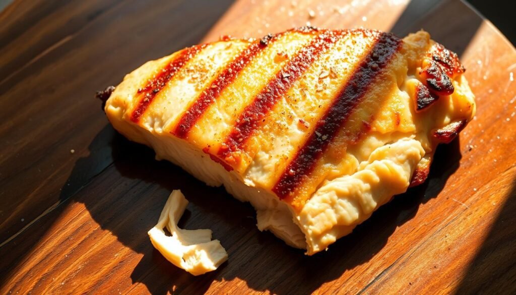 Perfectly seared air fryer chicken breast, juicy and golden-brown, resting on a dark wooden surface. The breast is sliced to reveal tender, moist meat. Crisp edges and a light dusting of seasonings add visual appeal. Bright, natural lighting casts warm shadows, highlighting the texture. The scene conveys an effortless, mouthwatering simplicity - a protein that's quick, easy, and foolproof to prepare in the air fryer.