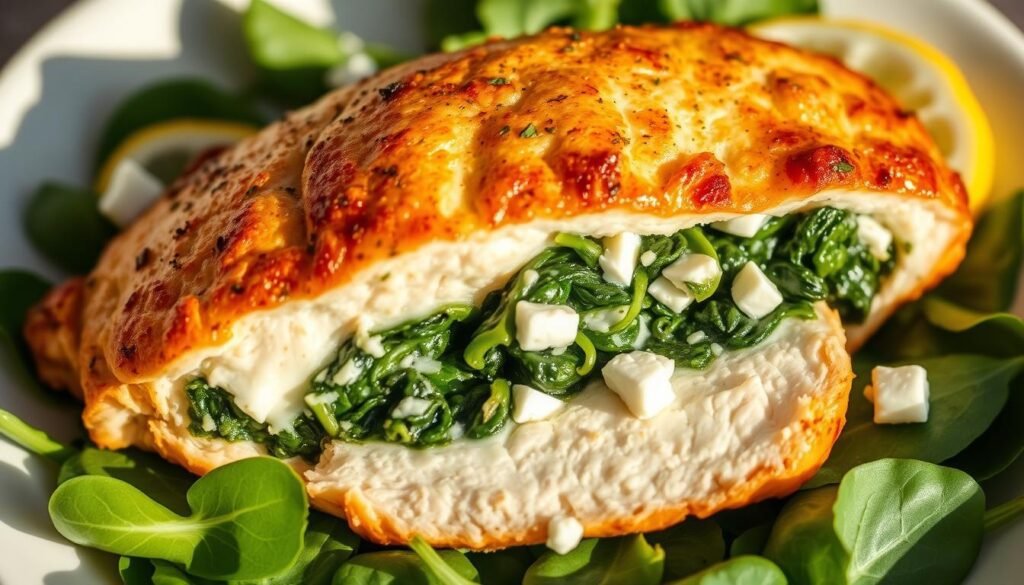 Stuffed air fryer chicken breast with crisp golden-brown skin, oozing with a vibrant green spinach and tangy feta cheese filling. The juicy breast rests on a bed of fresh baby spinach leaves, accented by a light dusting of fragrant herbs and a squeeze of lemon for a burst of freshness. Soft natural lighting casts warm shadows, highlighting the tempting textures and mouthwatering details. Shot from a slight overhead angle to showcase the succulent cross-section and inviting presentation, this gourmet air fryer creation is a delectable centerpiece for the discerning palate.