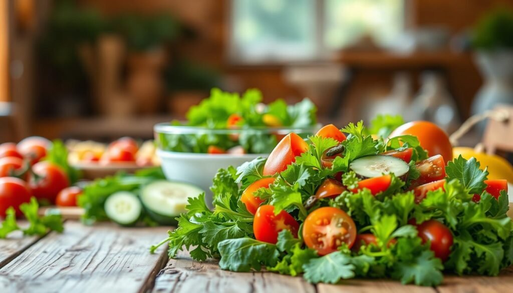 Vibrant and inviting summer salad scene set on a rustic wooden table. In the foreground, a variety of fresh, colorful ingredients arranged in an artful display - crisp greens, juicy tomatoes, crunchy cucumbers, and other seasonal produce. In the middle ground, a large salad bowl filled with a mix of leafy greens, herbs, and a light, zesty dressing. The background features a soft, hazy bokeh effect, drawing the eye to the central salad composition. Natural, warm lighting from an overhead window casts a gentle glow, highlighting the textures and vibrant hues of the salad elements. An overall mood of simplicity, freshness, and effortless summertime dining.