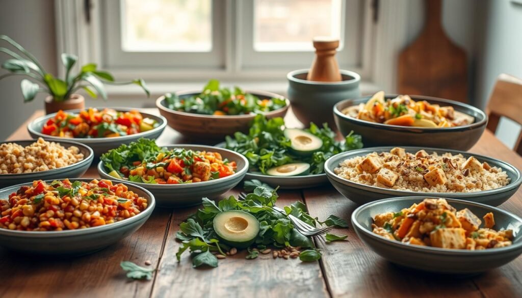 Vibrant and mouth-watering plant-based protein meals arranged on a rustic wooden table. In the foreground, an assortment of colorful dishes including a hearty lentil and vegetable stew, a grain-based buddha bowl with roasted veggies, and a creamy tofu curry. In the middle ground, fresh greens, sliced avocado, and a sprinkle of toasted nuts and seeds. The background features a simple, minimalist setup with soft natural lighting from a large window, highlighting the healthy, homemade feel of the scene. The overall atmosphere is warm, inviting, and bursting with the flavors of nutritious, plant-based cuisine. Vibrant and mouth-watering plant-based protein meals arranged on a rustic wooden table. In the foreground, an assortment of colorful dishes including a hearty lentil and vegetable stew, a grain-based buddha bowl with roasted veggies, and a creamy tofu curry. In the middle ground, fresh greens, sliced avocado, and a sprinkle of toasted nuts and seeds. The background features a simple, minimalist setup with soft natural lighting from a large window, highlighting the healthy, homemade feel of the scene. The overall atmosphere is warm, inviting, and bursting with the flavors of nutritious, plant-based cuisine.