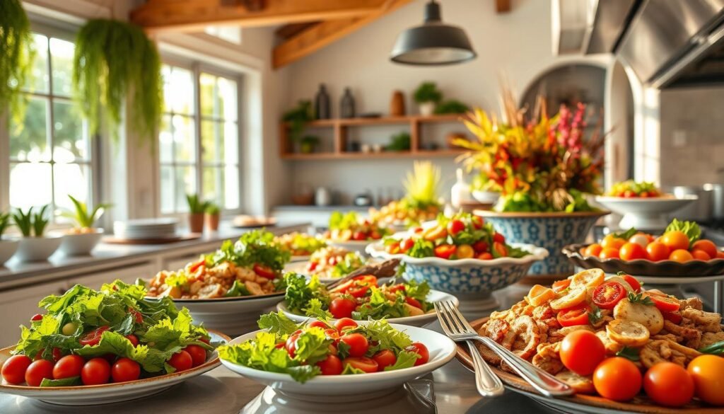 Vibrant array of international summer salads, expertly crafted by world-class chefs. A visually stunning display in a sunlit, open-air kitchen. Lush greens, juicy tomatoes, colorful vegetables, and artfully arranged proteins take center stage. Warm Mediterranean light filters through large windows, casting a soft glow. Elegant ceramic serving platters and utensils complement the fresh, flavorful ingredients. An inviting, sophisticated atmosphere showcases the pinnacle of seasonal, global culinary excellence. Vibrant array of international summer salads, expertly crafted by world-class chefs. A visually stunning display in a sunlit, open-air kitchen. Lush greens, juicy tomatoes, colorful vegetables, and artfully arranged proteins take center stage. Warm Mediterranean light filters through large windows, casting a soft glow. Elegant ceramic serving platters and utensils complement the fresh, flavorful ingredients. An inviting, sophisticated atmosphere showcases the pinnacle of seasonal, global culinary excellence.