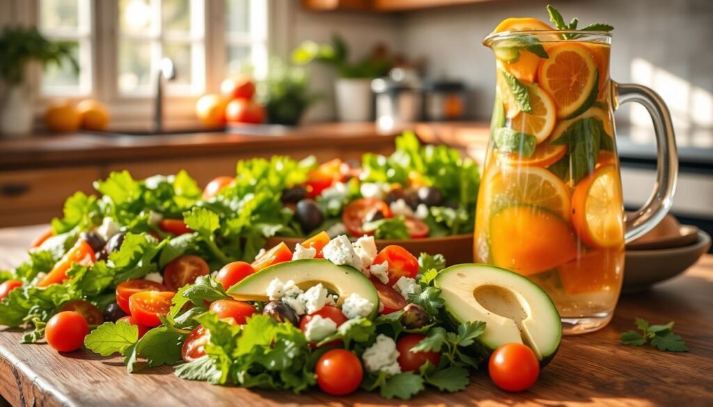 Vibrant summer salads, fresh from the farmer's market, arranged in a sun-dappled kitchen. Crisp greens, juicy tomatoes, and vibrant peppers spill across a rustic wooden table. Slices of ripe avocado and tangy feta crumbles add texture and flavor. Dappled sunlight filters through the window, casting a warm glow on the natural bounty. A glass pitcher of infused water, garnished with citrus and herbs, reflects the season's abundance. The scene exudes a sense of effortless, healthy living - a celebration of the season's finest produce.