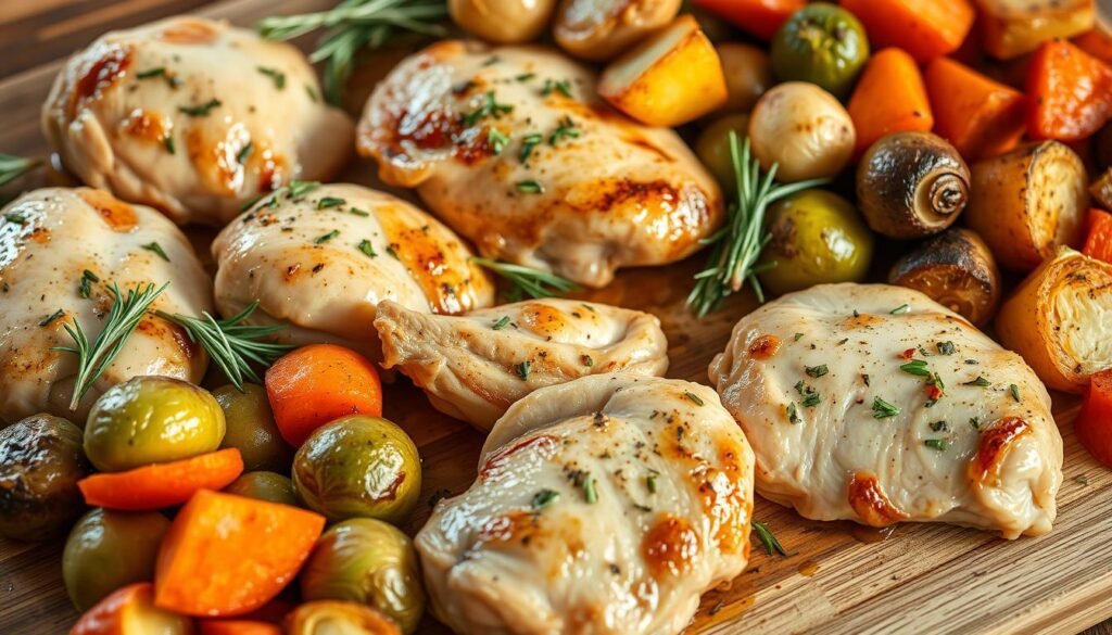 a close-up shot of several mouth-watering, perfectly-cooked chicken breasts and thighs arranged on a wooden cutting board, garnished with fresh herbs like rosemary and thyme, drizzled with a light, flavorful sauce, and accompanied by a variety of roasted vegetables like brussels sprouts, carrots, and potatoes, all bathed in a warm, golden glow from natural lighting, creating a wholesome, nutritious, and visually appealing "healthy chicken dinner" scene a close-up shot of several mouth-watering, perfectly-cooked chicken breasts and thighs arranged on a wooden cutting board, garnished with fresh herbs like rosemary and thyme, drizzled with a light, flavorful sauce, and accompanied by a variety of roasted vegetables like brussels sprouts, carrots, and potatoes, all bathed in a warm, golden glow from natural lighting, creating a wholesome, nutritious, and visually appealing "healthy chicken dinner" scene