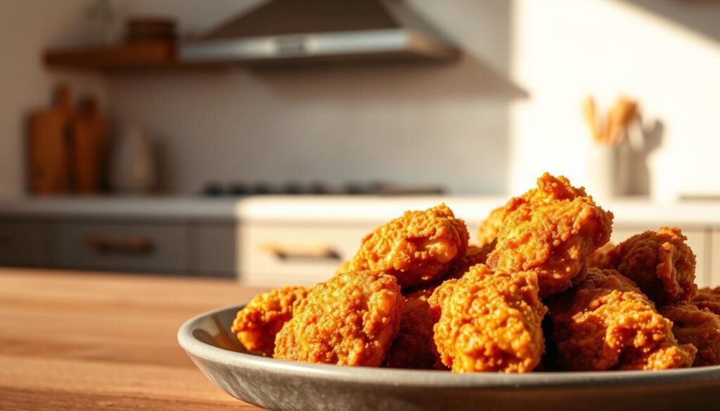 a highly detailed, hyper-realistic image of crispy, golden-brown air fryer fried chicken, prominently displayed in the foreground with a sharp focus. the chicken pieces are arranged on a gray ceramic plate, highlighting their texture and mouth-watering appearance. the lighting is warm and natural, casting subtle shadows that accentuate the chicken's contours. in the middle ground, a clean, minimalist kitchen counter or table provides a simple, uncluttered backdrop, allowing the chicken to be the central focus. the overall mood is one of culinary perfection, inviting the viewer to imagine the savory flavors and satisfying crunch of this innovative air fryer preparation.