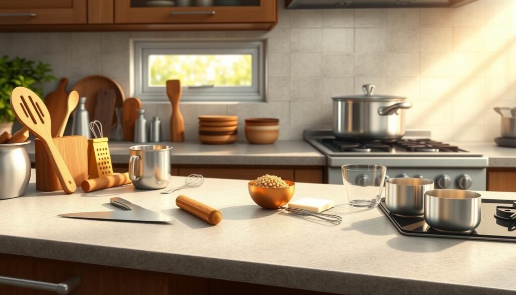 a highly detailed, realistic digital illustration of a kitchen countertop with various cooking implements and tools, including a chef's knife, wooden spoon, whisk, grater, measuring cups, and a saucepan on the stovetop. The countertop is made of smooth, gray granite, and the background features natural light streaming in through a window, casting a warm, golden glow over the scene. The overall mood is one of culinary competence and confidence, showcasing the essential skills and equipment needed for successful home cooking.