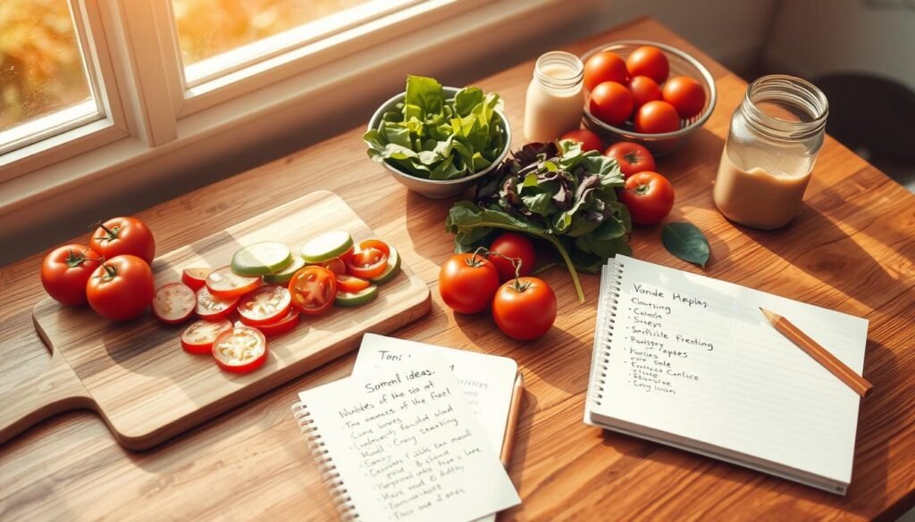 a photo of a neatly arranged wooden table with various fresh ingredients for summer meal planning, including a cutting board with sliced vegetables, a bowl of leafy greens, ripe tomatoes, a jar of dressing, and a notebook with handwritten meal ideas. Warm afternoon sunlight filters through a nearby window, casting a soft, golden glow over the scene. The overall mood is one of organization, simplicity, and the anticipation of delicious, healthy summer meals. a photo of a neatly arranged wooden table with various fresh ingredients for summer meal planning, including a cutting board with sliced vegetables, a bowl of leafy greens, ripe tomatoes, a jar of dressing, and a notebook with handwritten meal ideas. Warm afternoon sunlight filters through a nearby window, casting a soft, golden glow over the scene. The overall mood is one of organization, simplicity, and the anticipation of delicious, healthy summer meals.