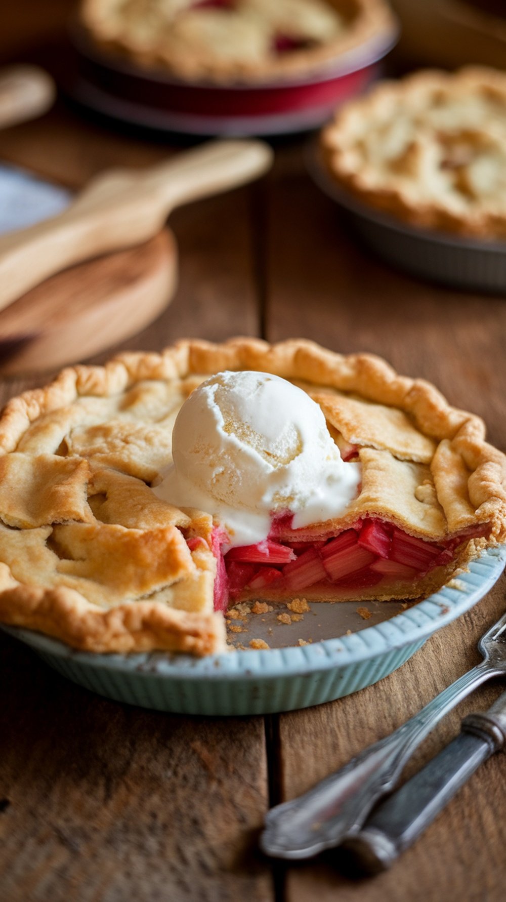 A slice of classic rhubarb pie topped with vanilla ice cream, showcasing a flaky crust and vibrant pink filling.