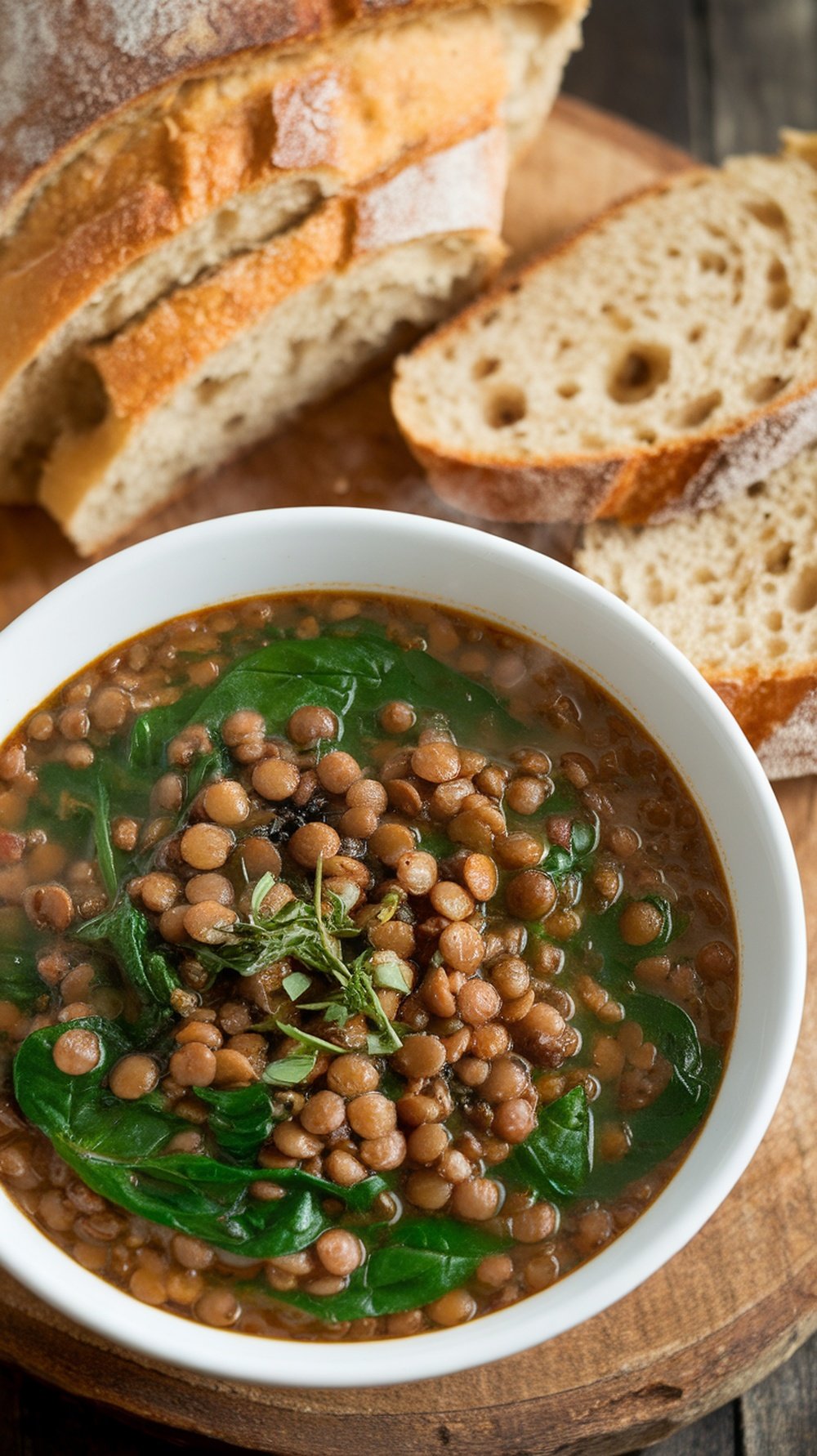 A bowl of lentil soup with spinach, served with slices of bread.