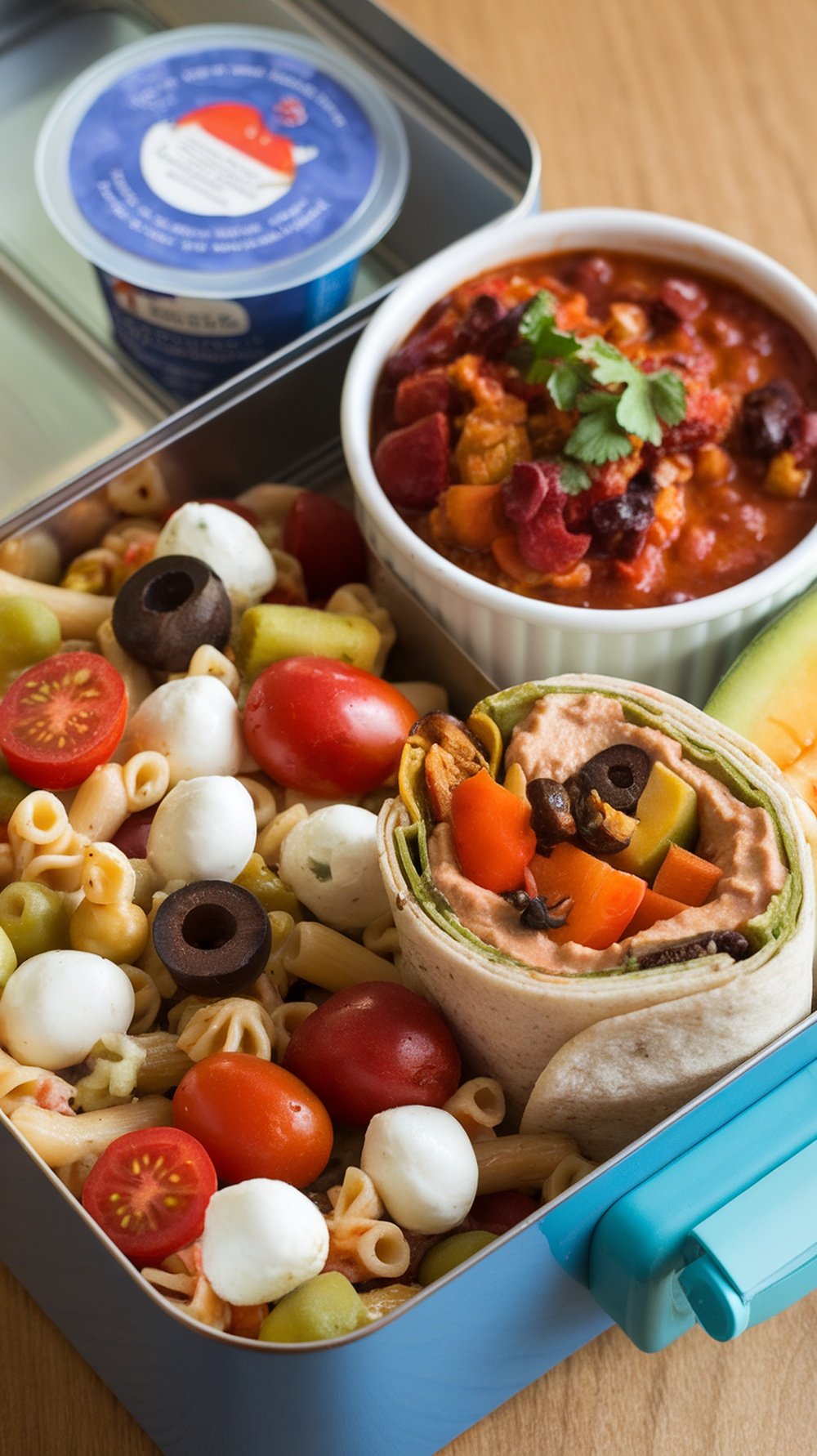 A colorful lunchbox containing a wrap, chili, pasta salad, and yogurt.