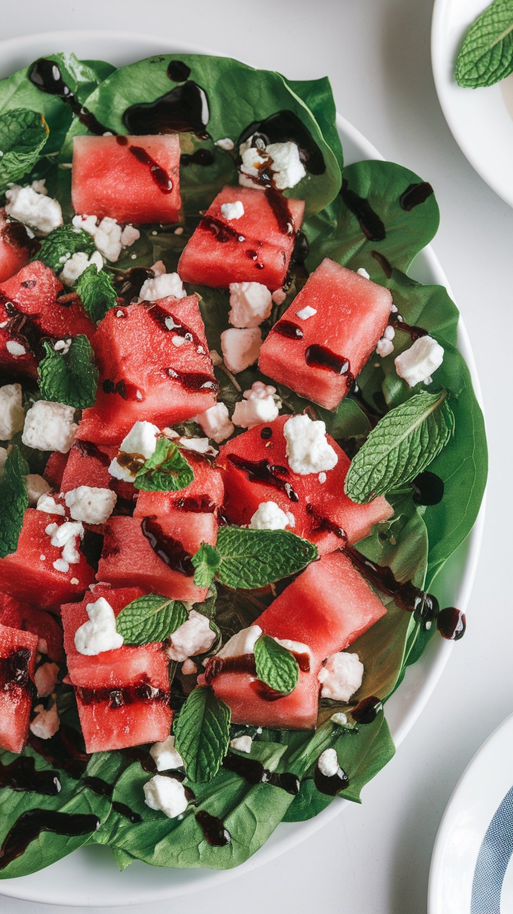 A vibrant watermelon feta salad with spinach, mint, and balsamic glaze.