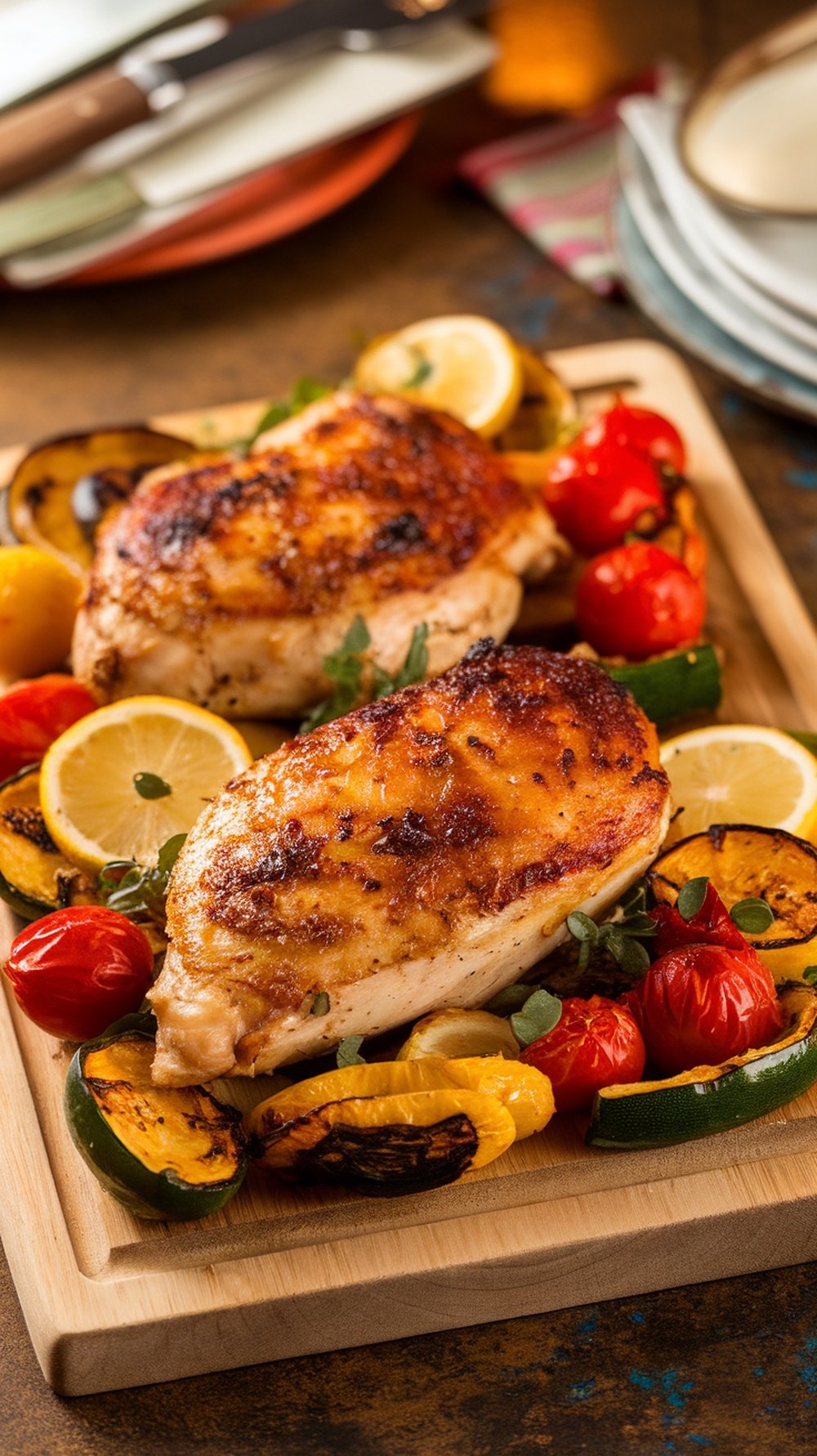 A plate of lemon garlic chicken with roasted vegetables, garnished with lemon slices and herbs.