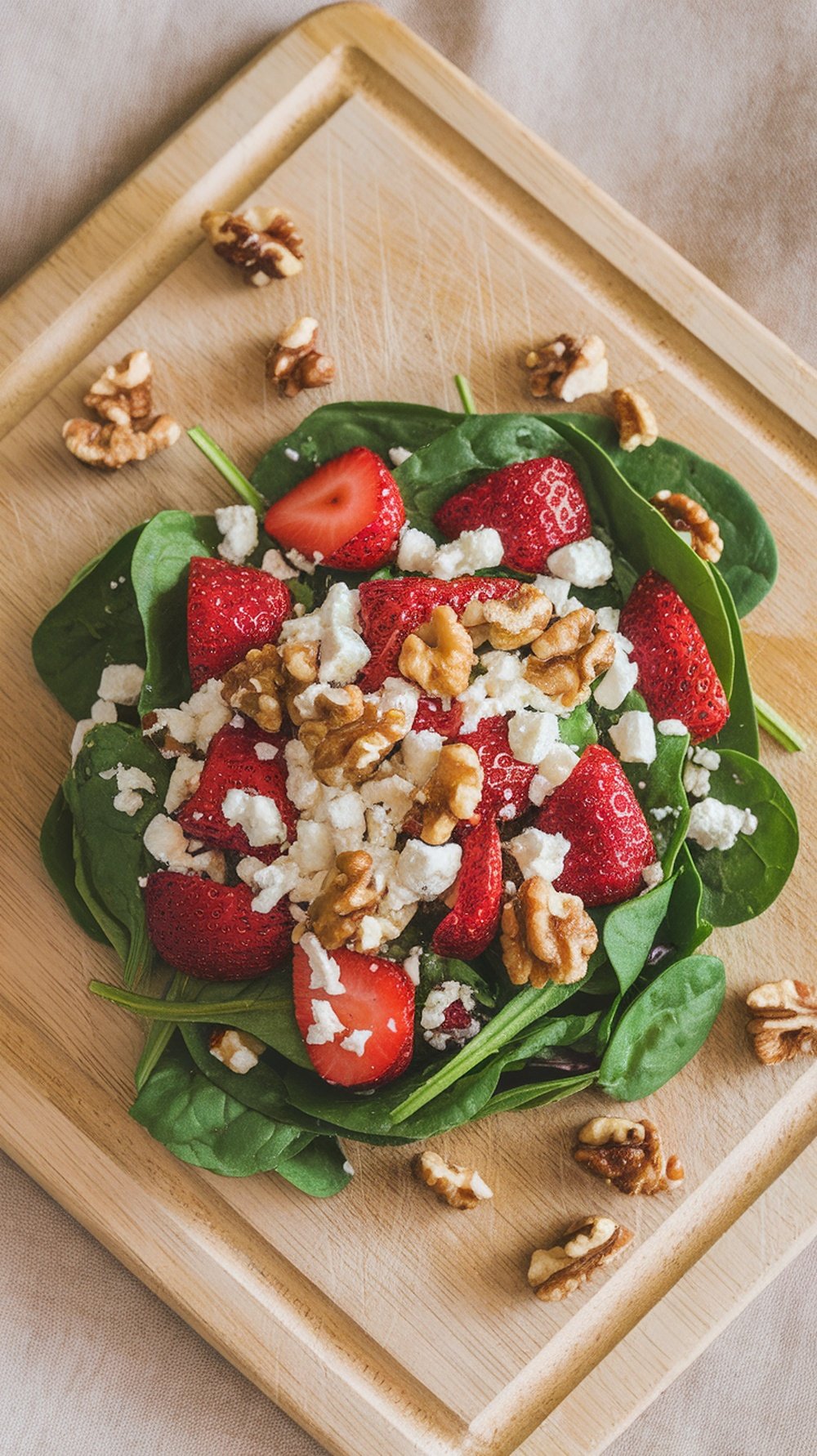 A vibrant spinach and strawberry salad topped with walnuts and feta cheese on a wooden cutting board.