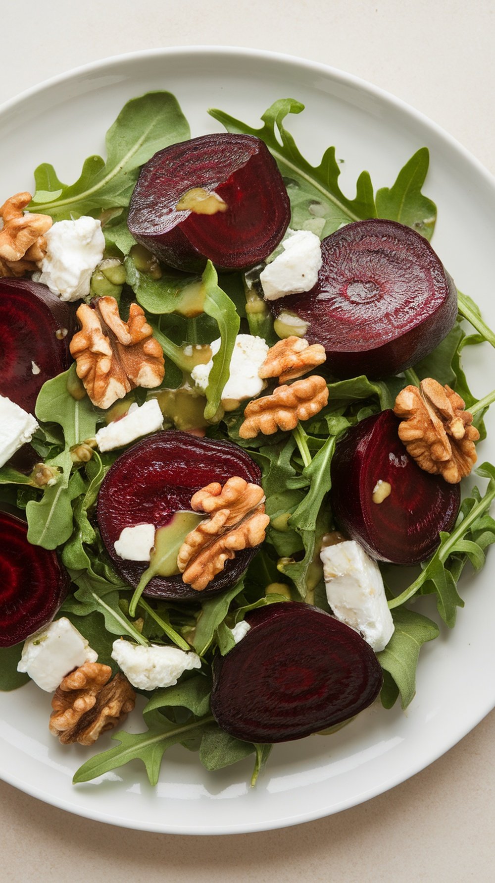 A plate of roasted beet and goat cheese salad with arugula and walnuts.