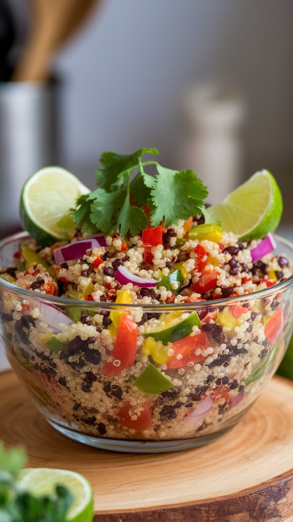 A colorful quinoa and black bean salad with diced peppers, red onion, and lime wedges on top.
