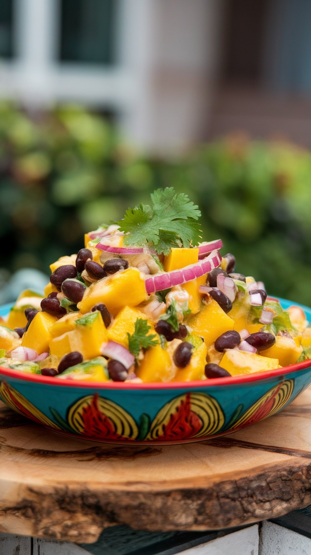 A colorful Tropical Mango and Black Bean Salad in a decorative bowl, featuring mango chunks, black beans, red onion, and cilantro.