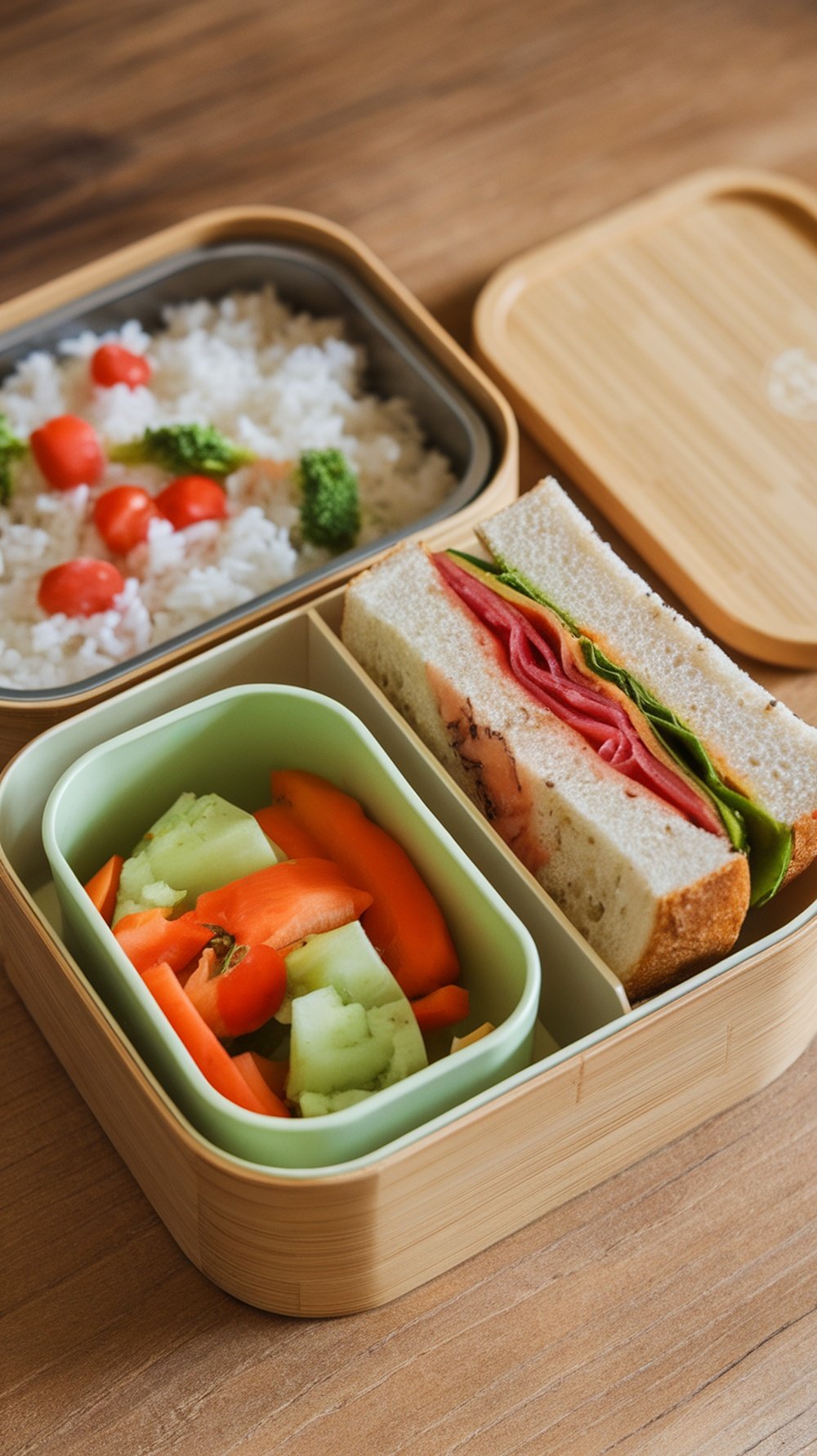 An eco-friendly bamboo lunchbox filled with rice, vegetables, and a sandwich.