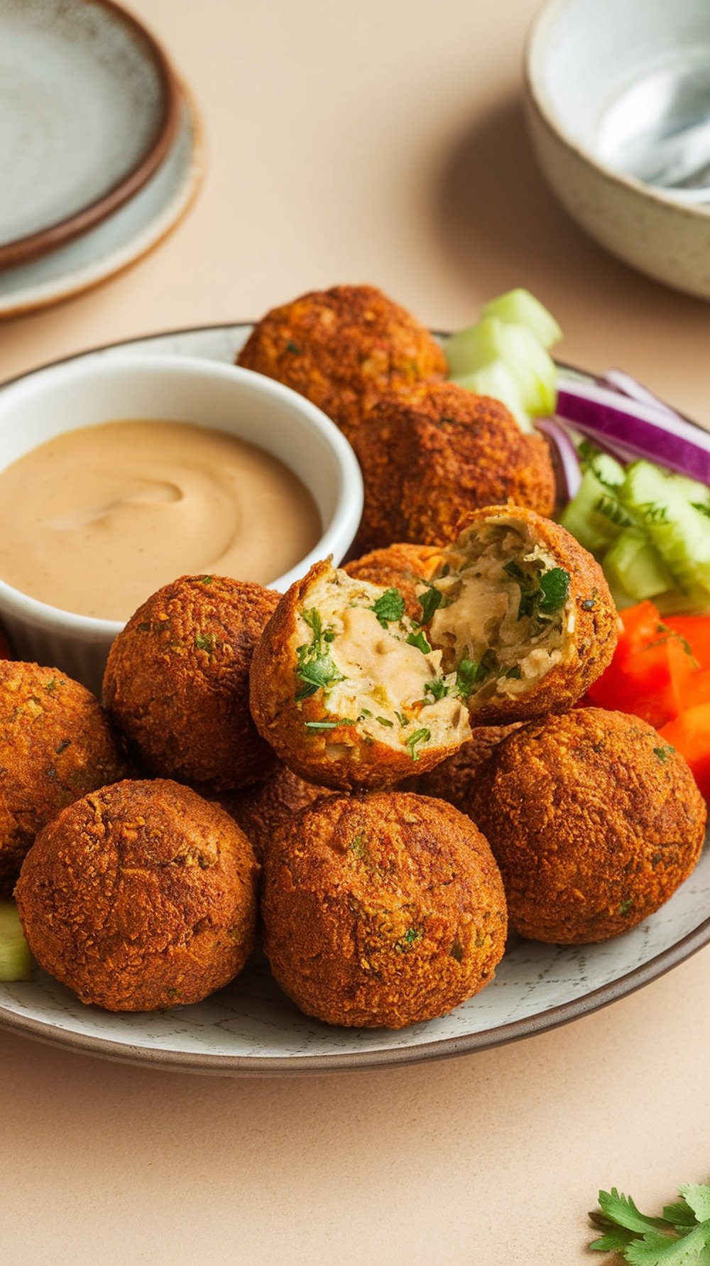 A plate of crispy falafel balls with a dipping sauce and fresh vegetables.