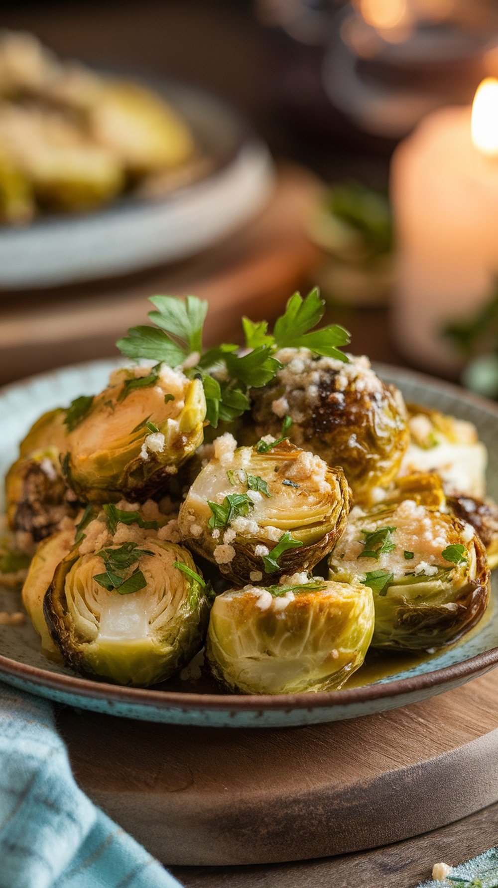 A plate of air-fried garlic Parmesan Brussels sprouts garnished with parsley.