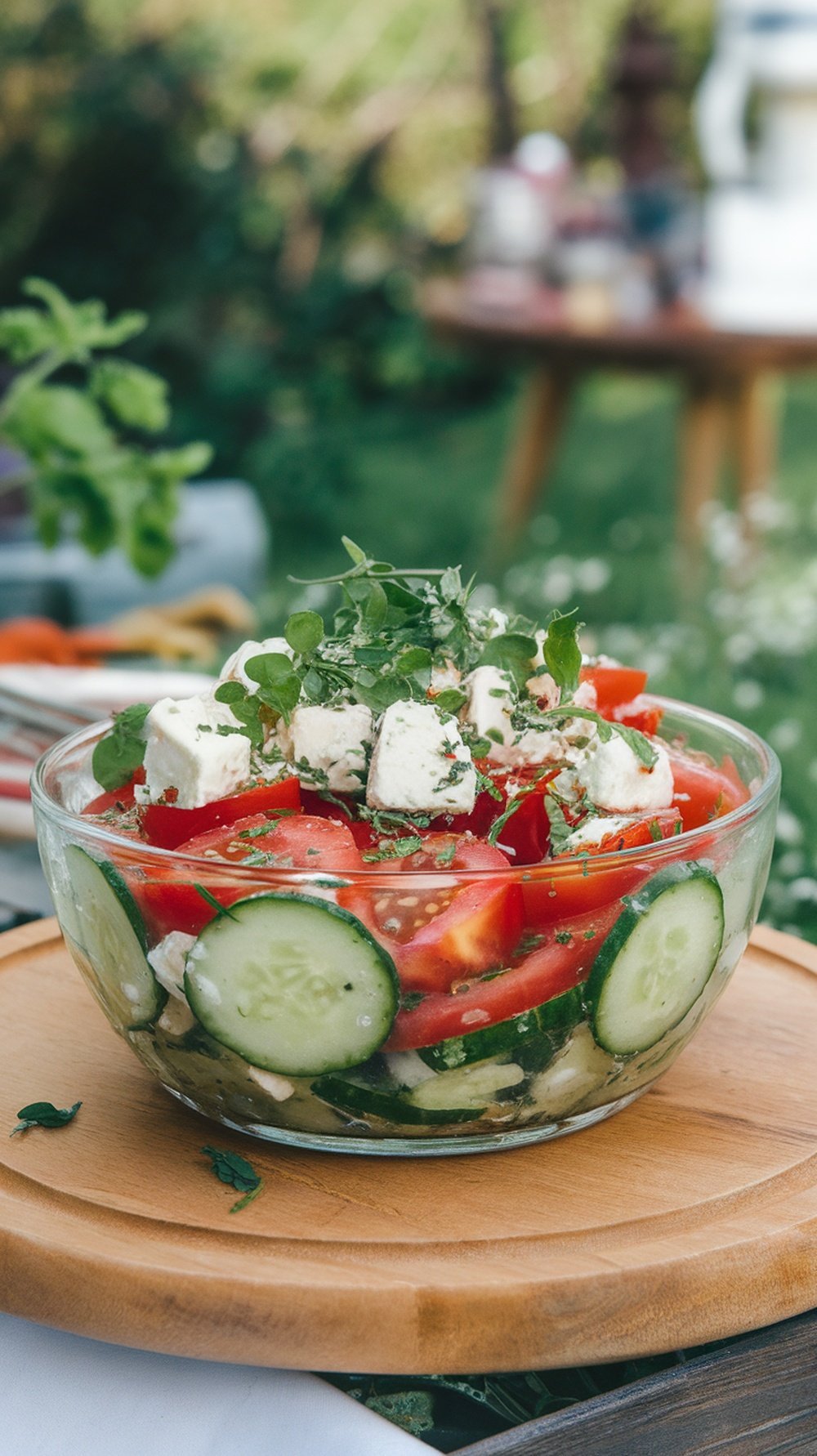 A fresh cucumber and tomato salad with feta cheese in a glass bowl, garnished with herbs, on a wooden platter.