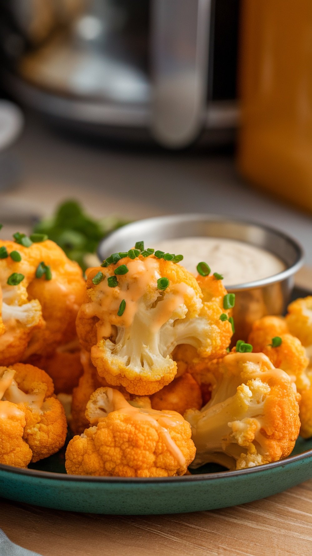 A plate of cheesy cauliflower bites with a dipping sauce
