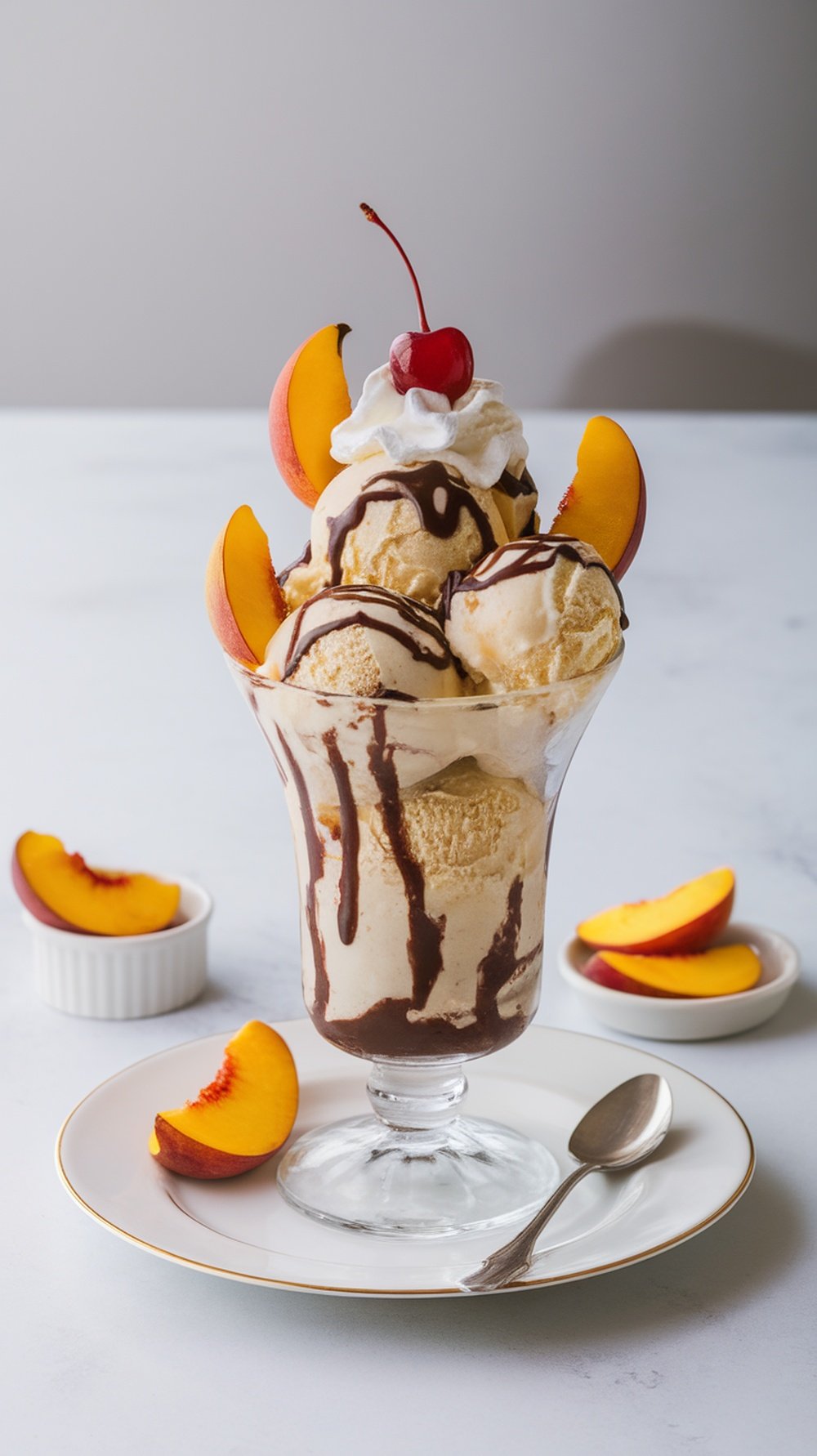 A delicious peach ice cream sundae topped with chocolate sauce, whipped cream, and a cherry, surrounded by fresh peach slices.