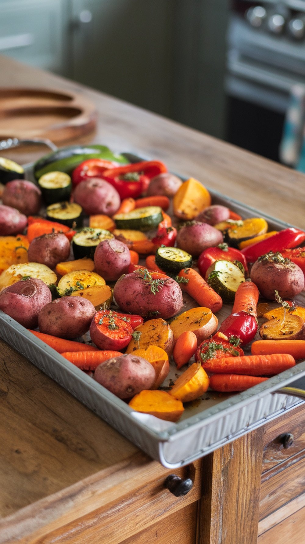 A tray of colorful roasted vegetables including red potatoes, carrots, zucchini, and bell peppers, ready for air frying.