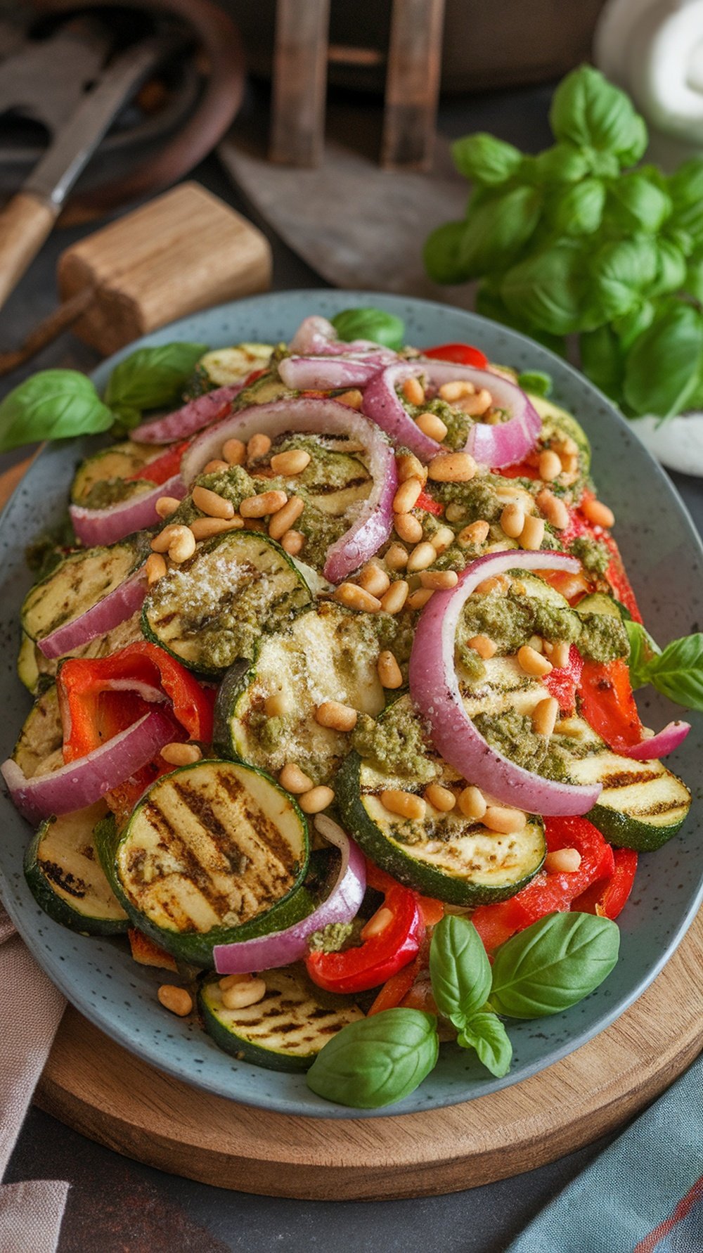 A vibrant grilled vegetable salad with pesto, featuring zucchini, red peppers, red onions, and pine nuts, garnished with fresh basil.