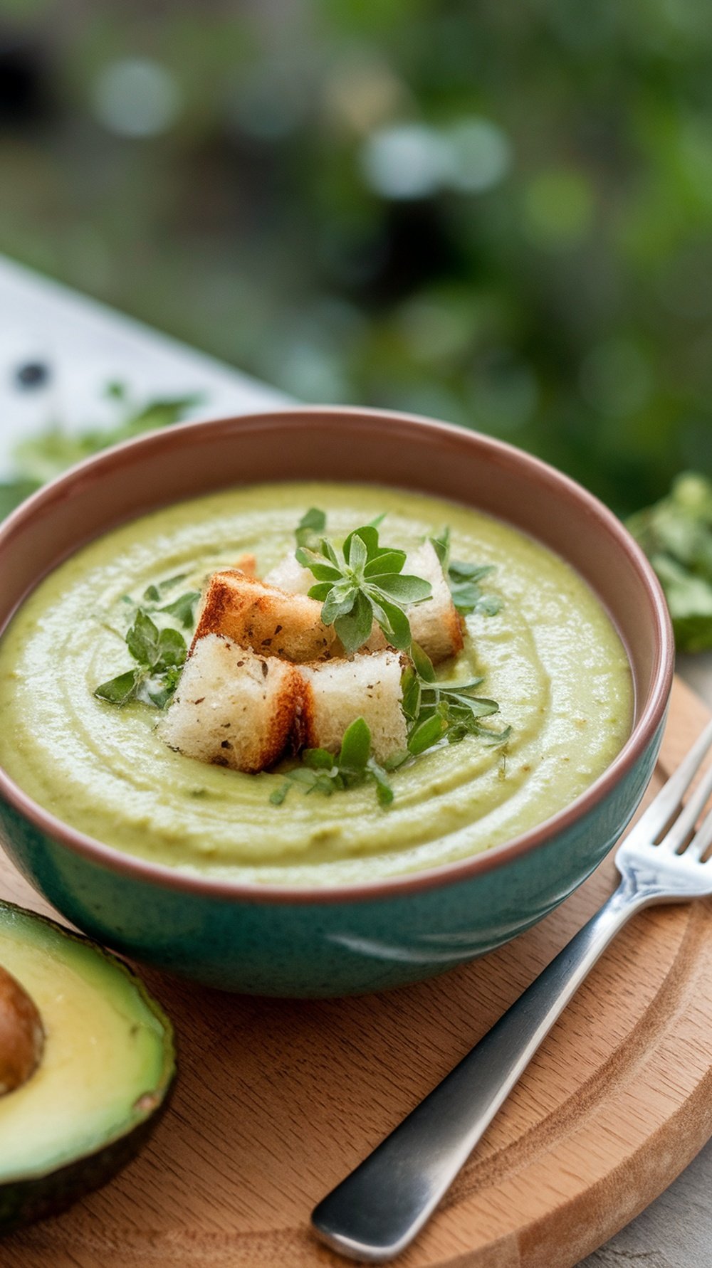 A bowl of chilled avocado and cucumber soup topped with croutons and herbs, with a sliced avocado on the side.