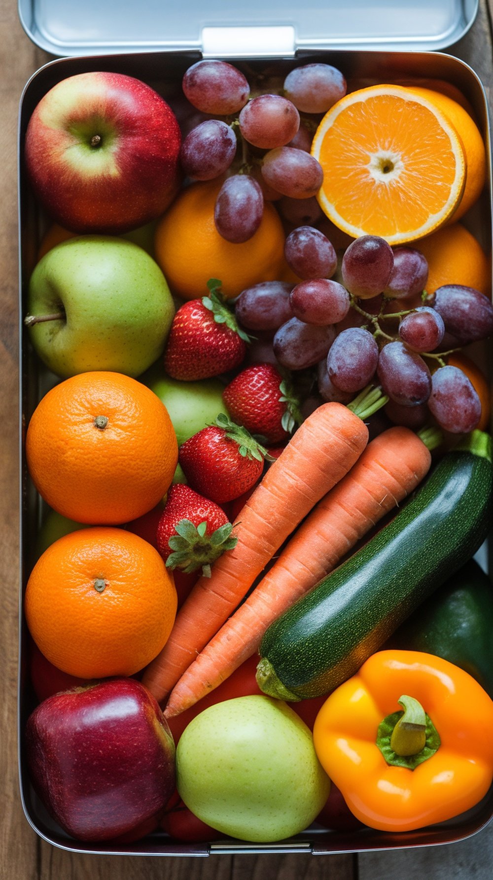 A lunchbox filled with fresh fruits and vegetables including apples, oranges, grapes, strawberries, carrots, and zucchini.