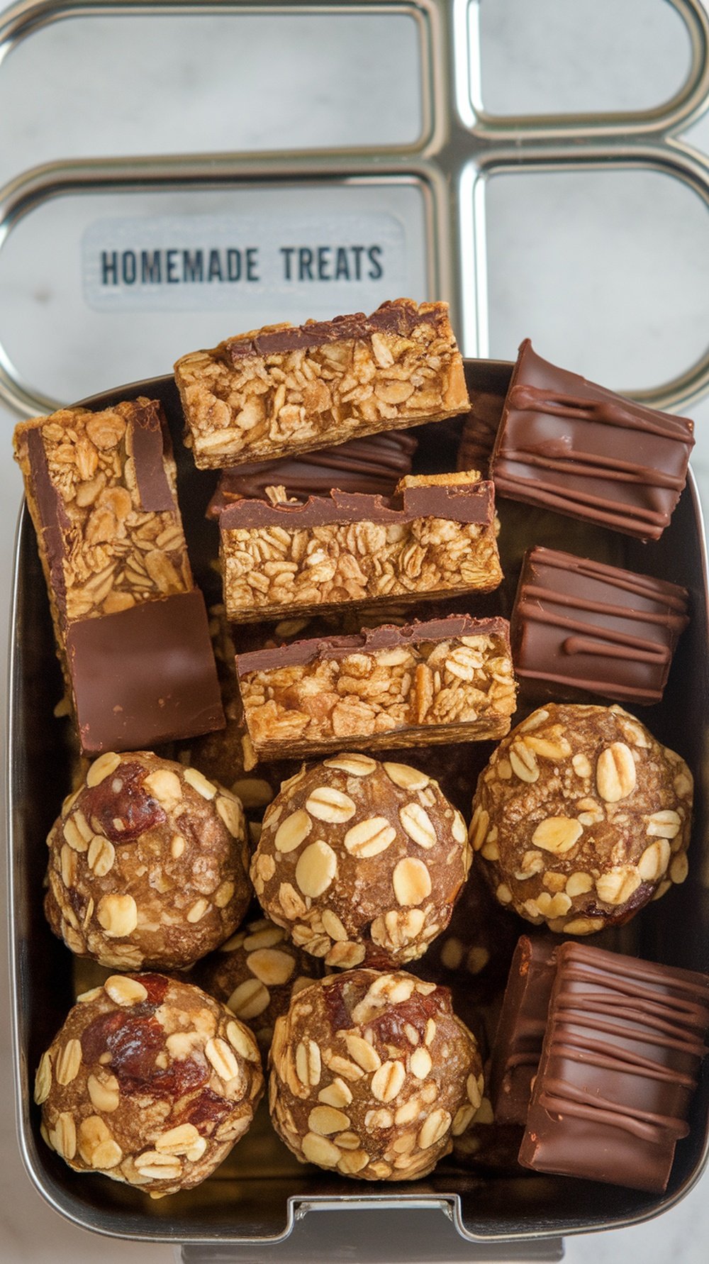 A lunchbox filled with homemade treats including energy bites, granola bars, and chocolate-covered snacks.