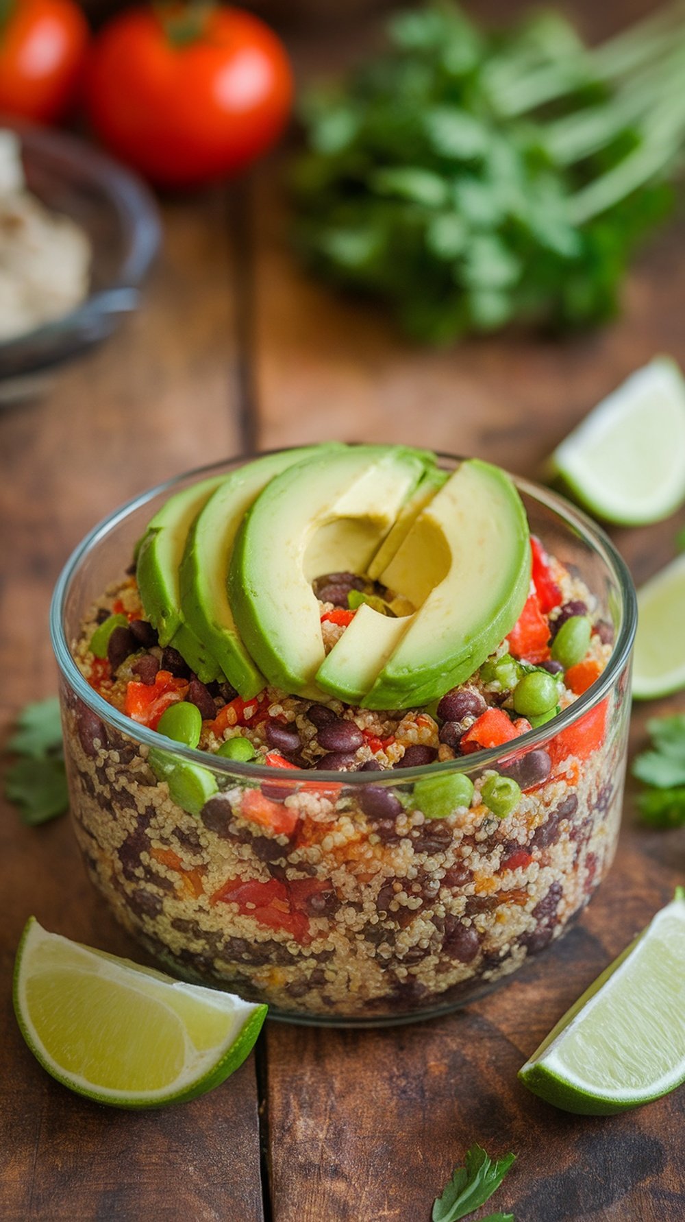 A bowl of quinoa and black bean salad topped with avocado slices, surrounded by lime wedges and fresh ingredients.