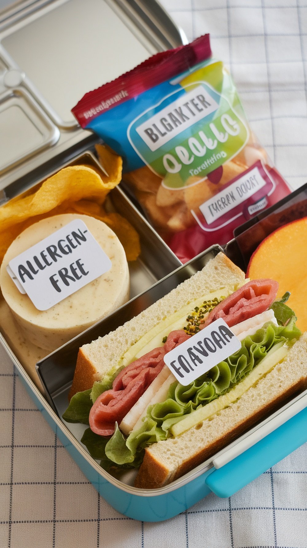 A lunchbox filled with allergen-free options including a sandwich, a creamy treat, and crunchy snacks.
