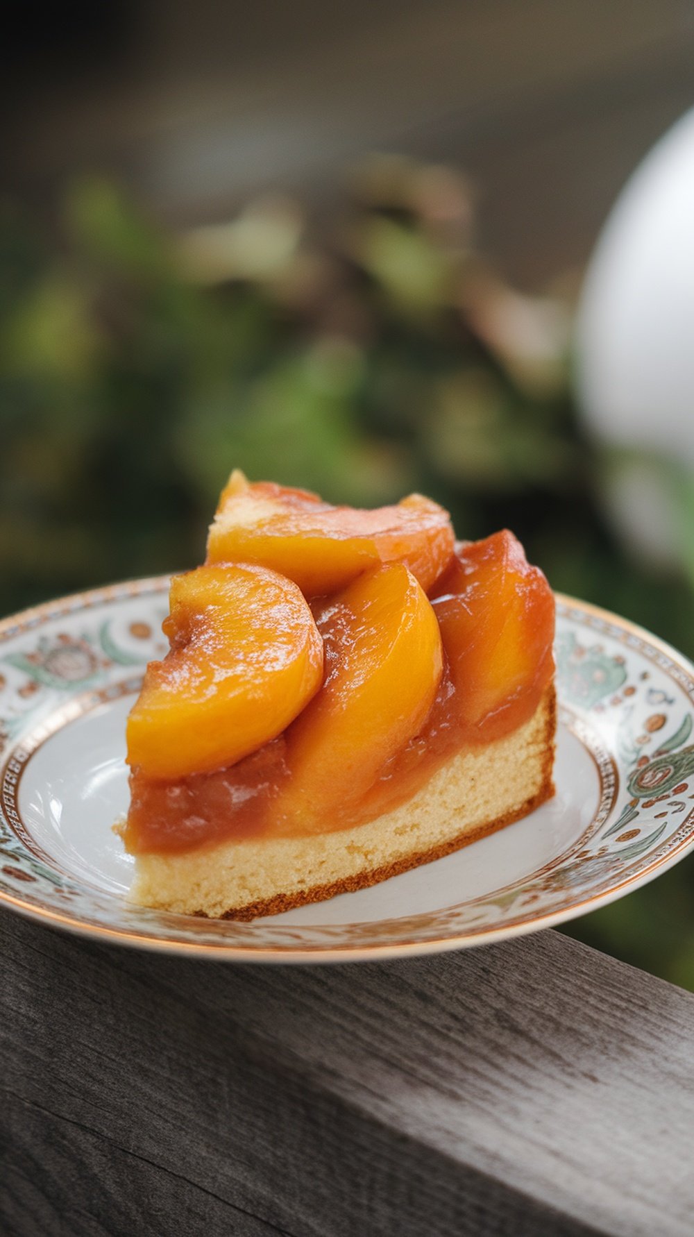 A slice of peach upside-down cake with caramelized peaches on top, served on a decorative plate.