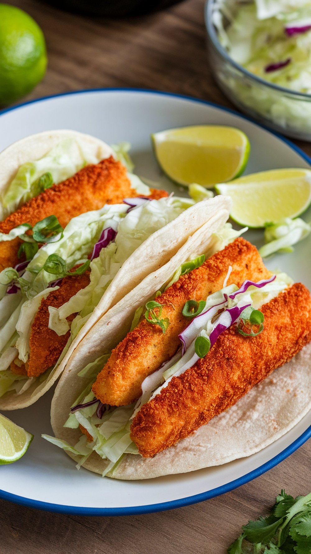 Three breaded fish tacos with lettuce and lime wedges on a plate.