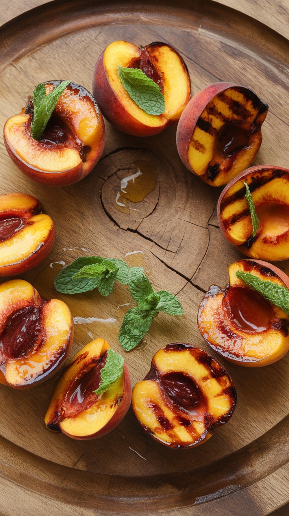 Grilled peach halves drizzled with honey and garnished with mint leaves on a wooden platter.