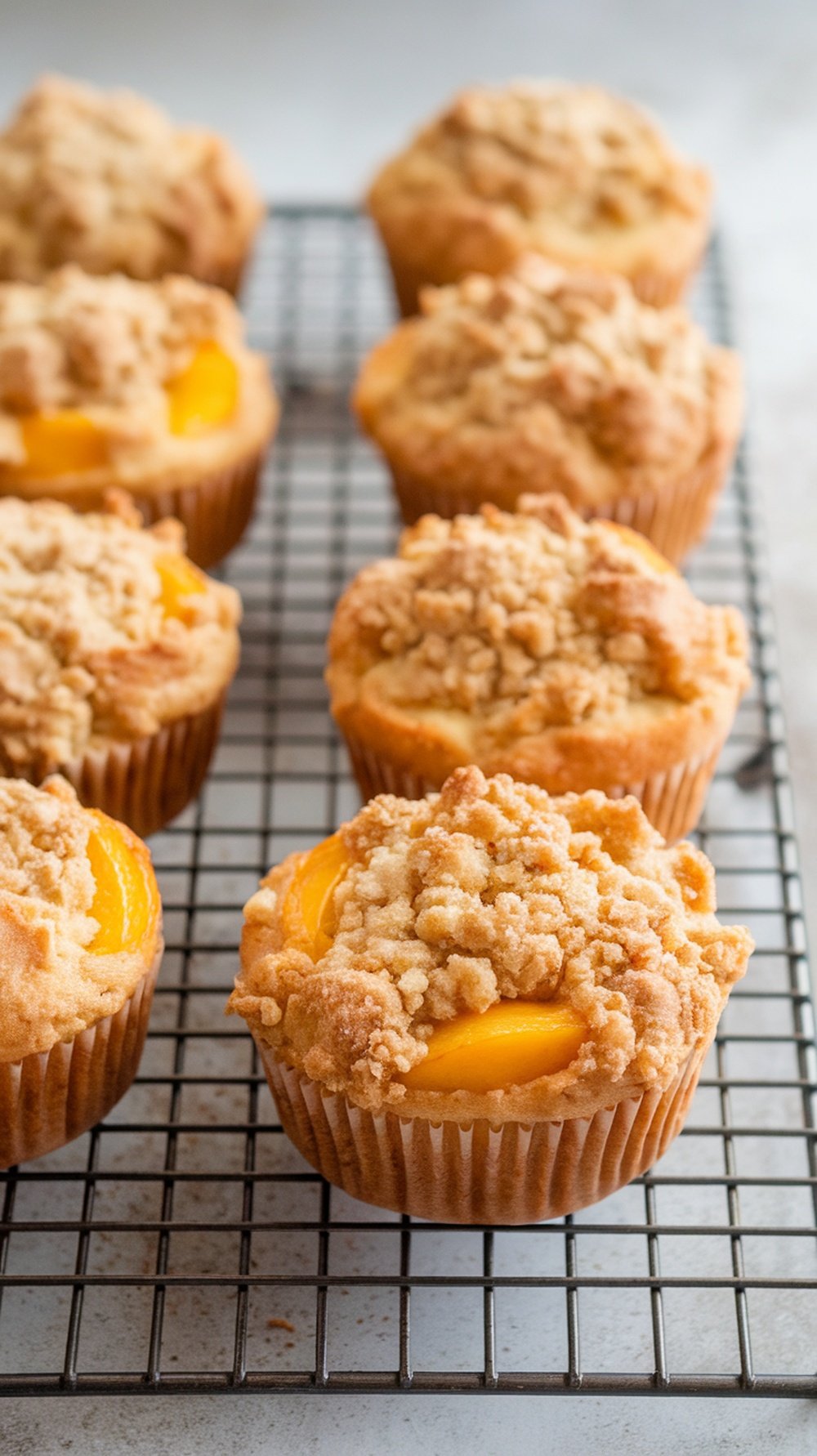 Freshly baked peach muffins with a streusel topping on a wire rack.