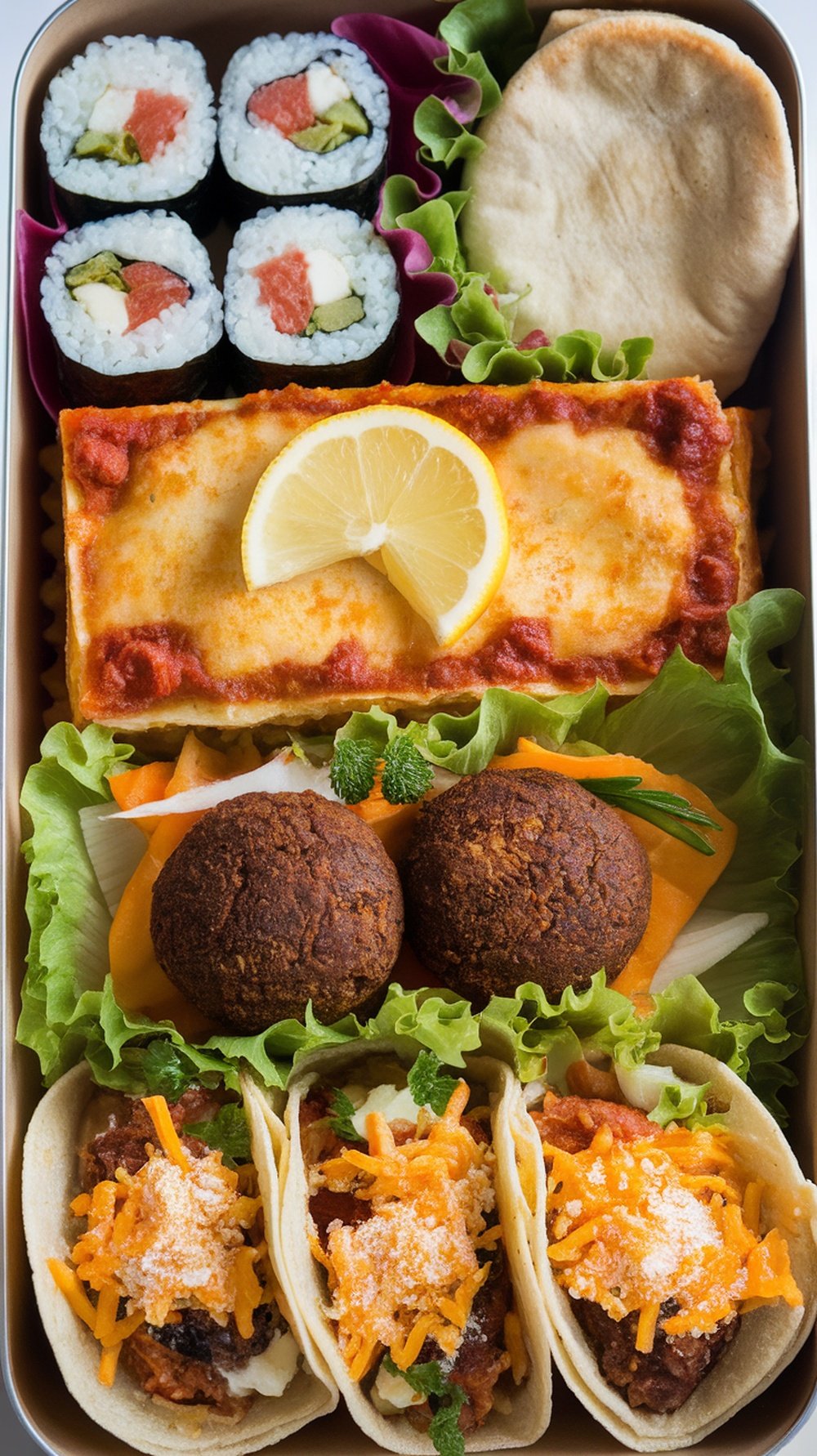 A colorful lunchbox filled with sushi, lasagna, tacos, and falafel.