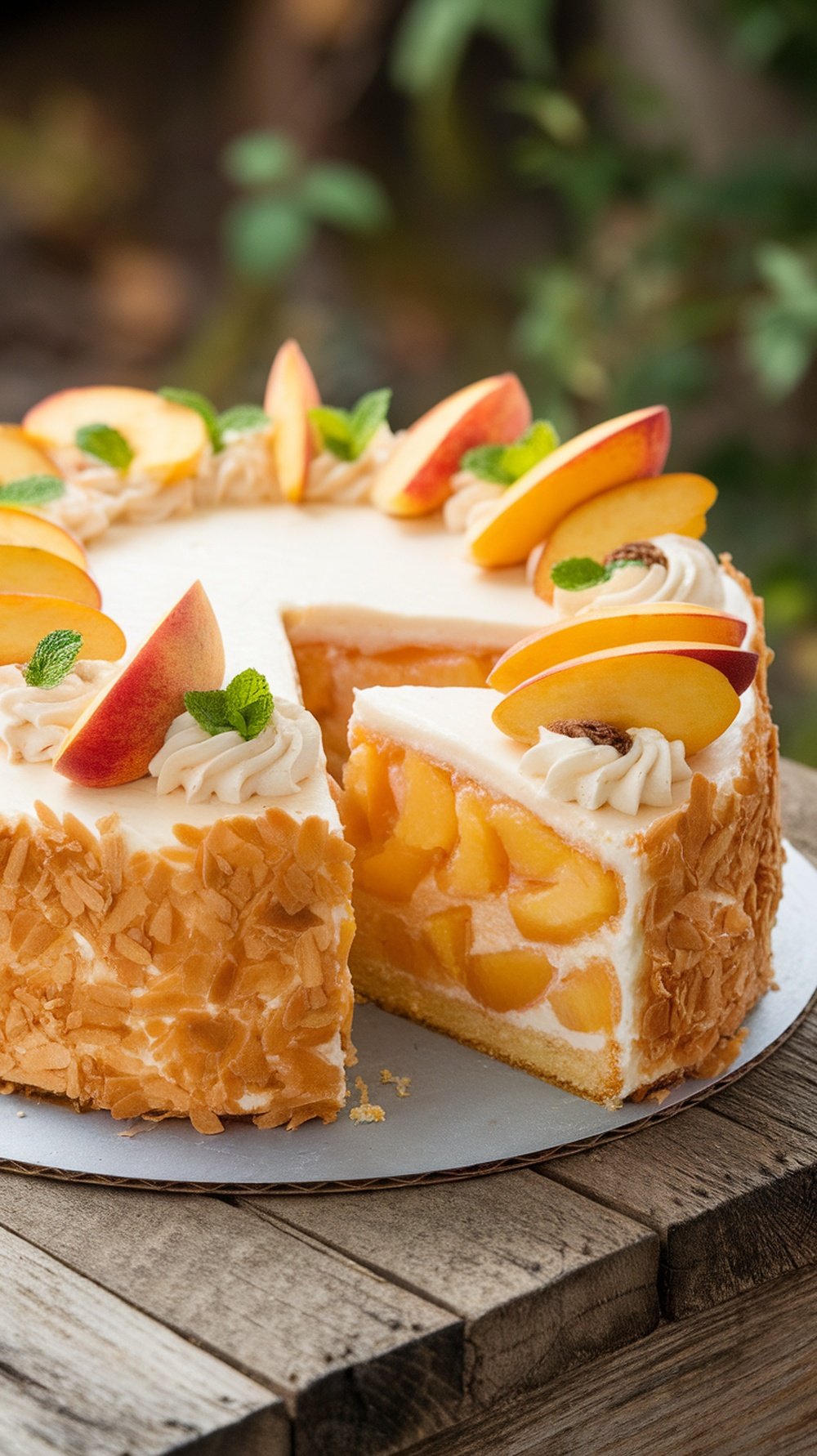 Moist peach cake topped with cream cheese frosting and fresh peach slices on a wooden table.
