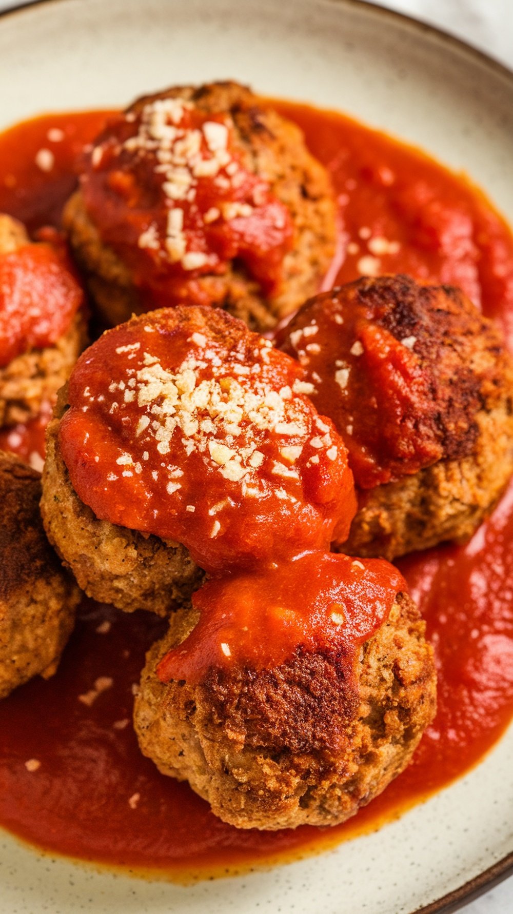 Delicious air fryer meatballs topped with tomato sauce and breadcrumbs on a plate.