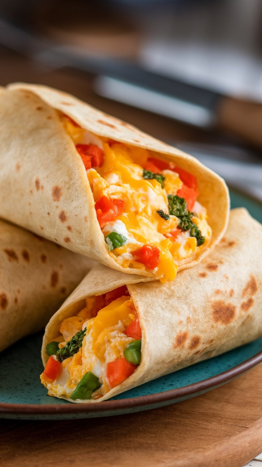Two breakfast burritos filled with scrambled eggs, vegetables, and cheese on a plate.