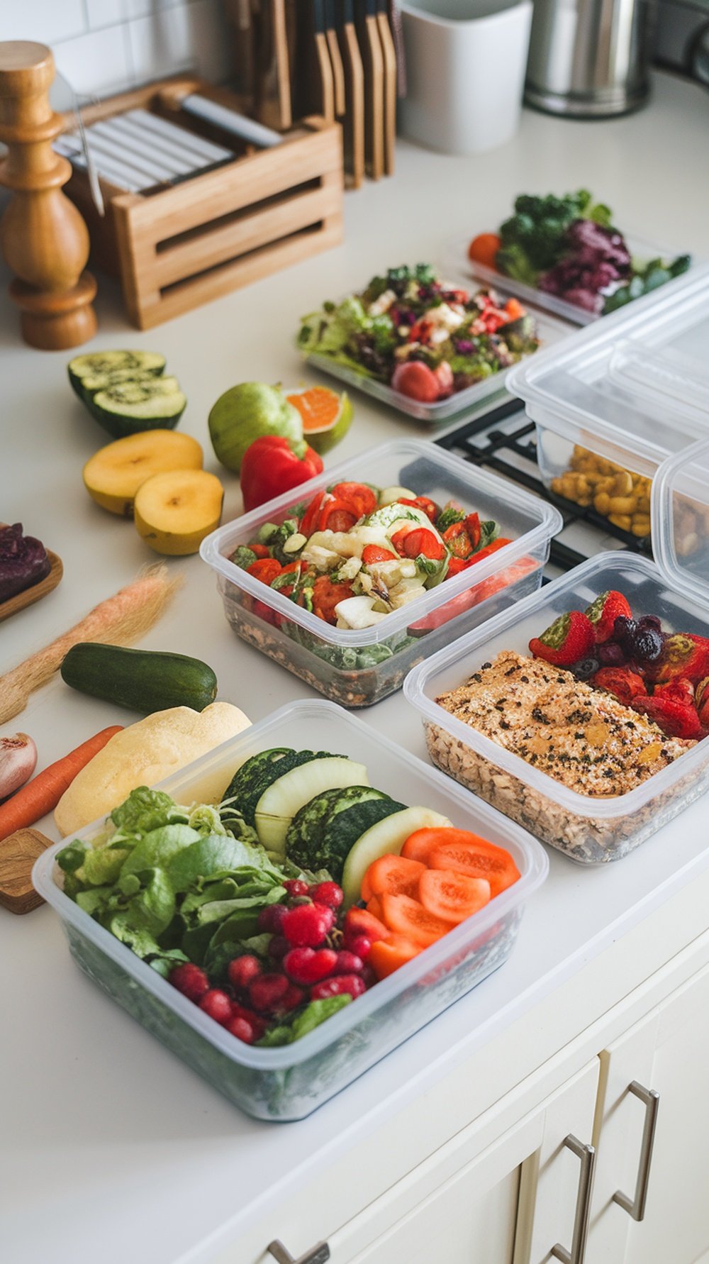 A variety of fresh ingredients in containers for meal prep, including vegetables, fruits, and a grain dish.