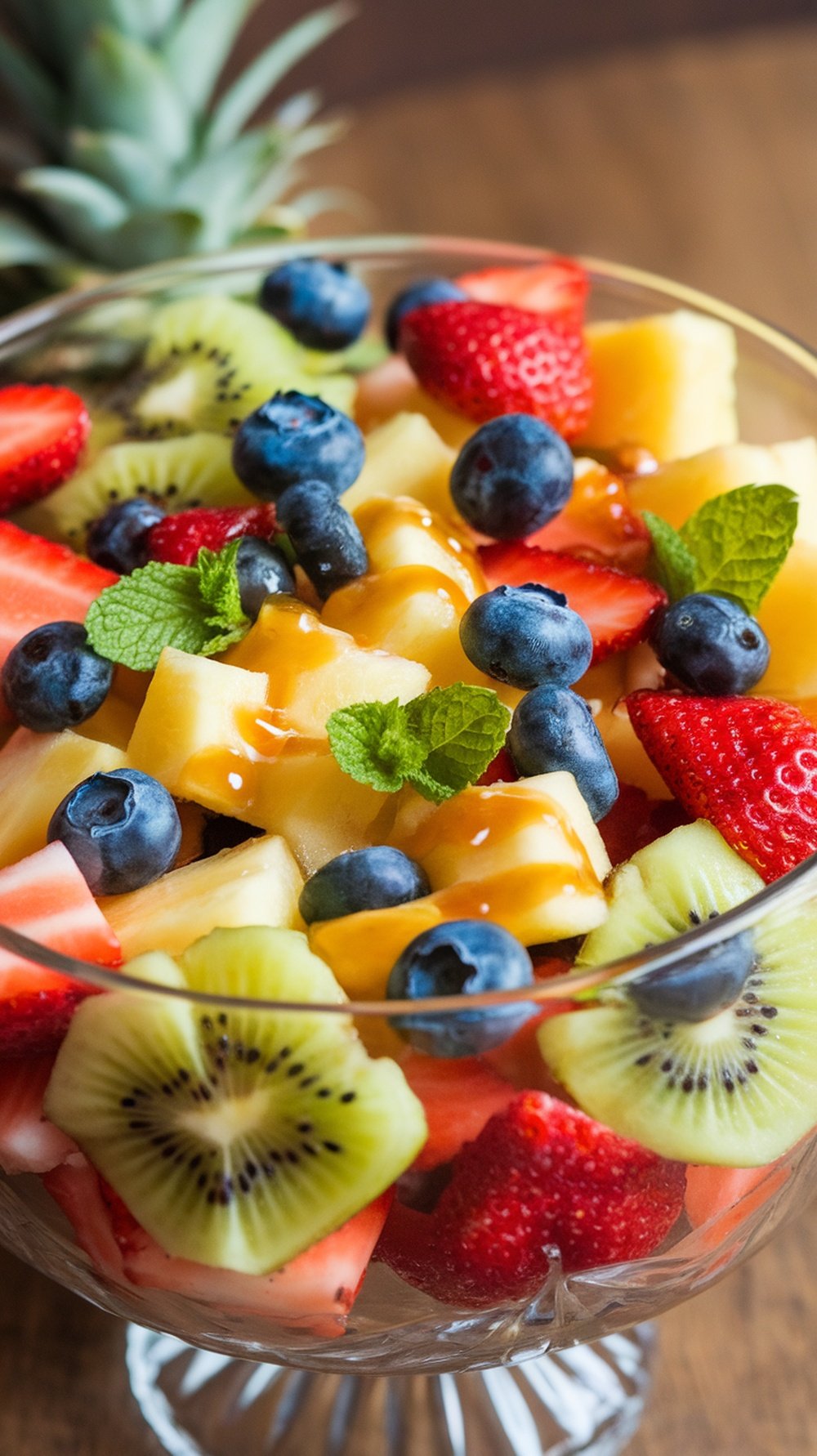 A colorful fruit salad with strawberries, blueberries, kiwi, and pineapple, topped with honey lime dressing and mint leaves.
