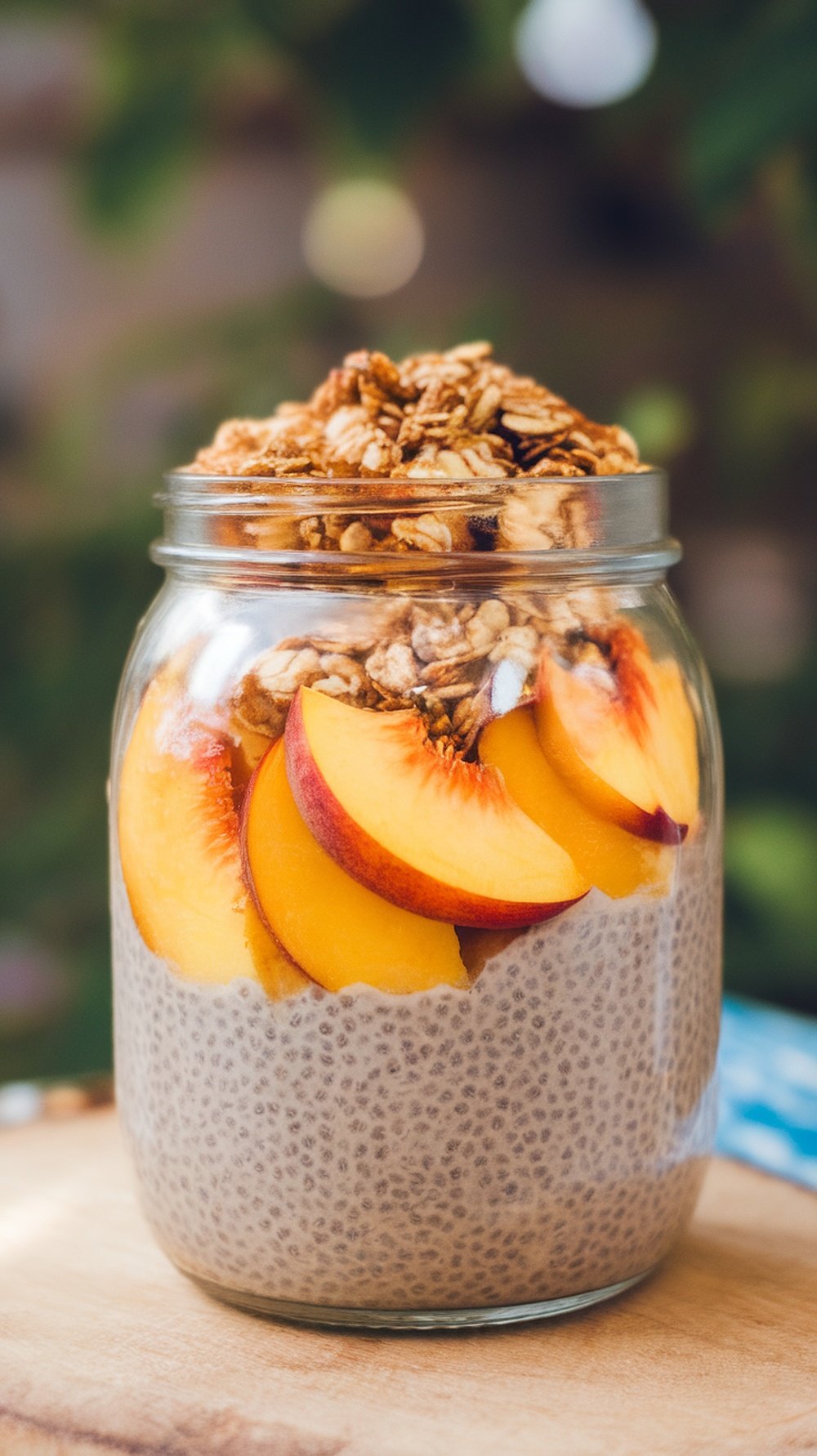A jar of peach chia seed pudding topped with peach slices and granola.