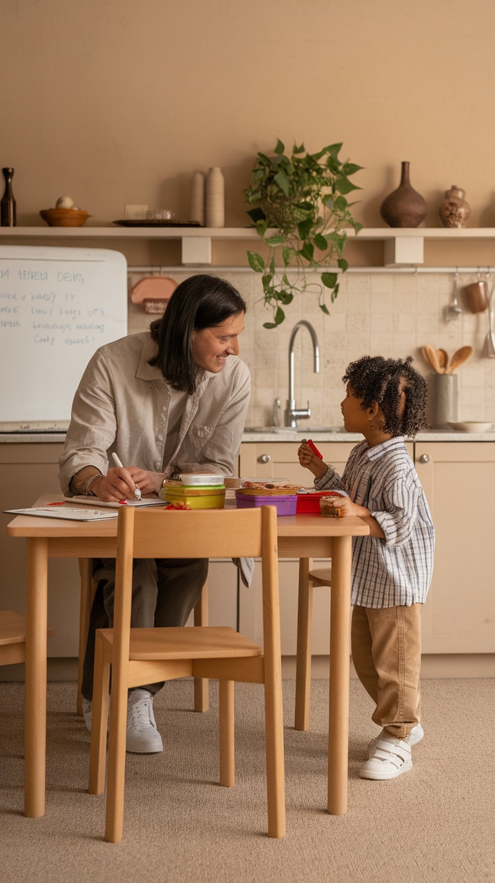 A parent and child sitting at a table, discussing lunchbox ideas with colorful containers and a notepad.