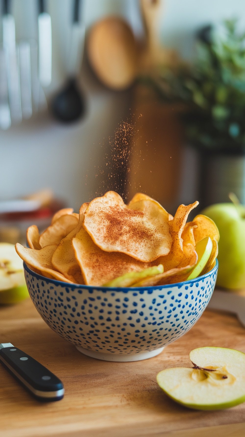A bowl of air fryer apple chips with cinnamon, surrounded by fresh apple slices and a knife.