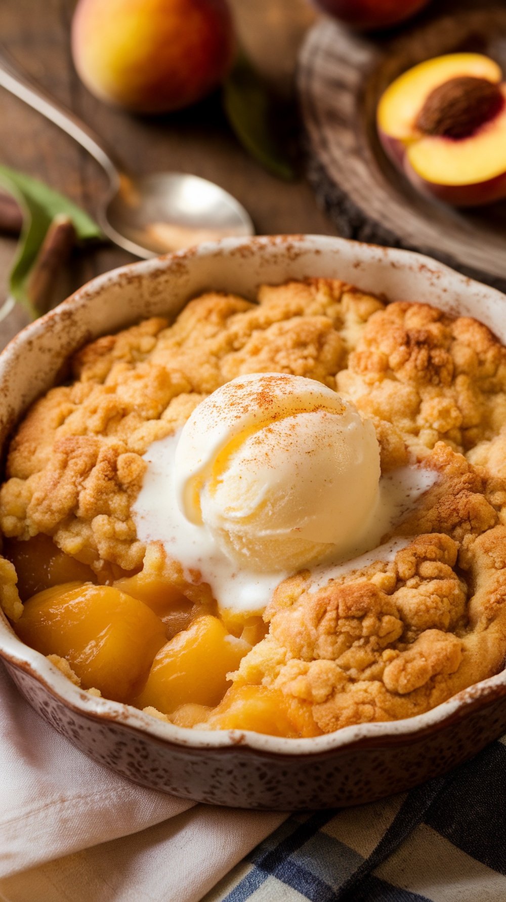 A delicious peach cobbler topped with ice cream, served in a rustic dish with fresh peaches.