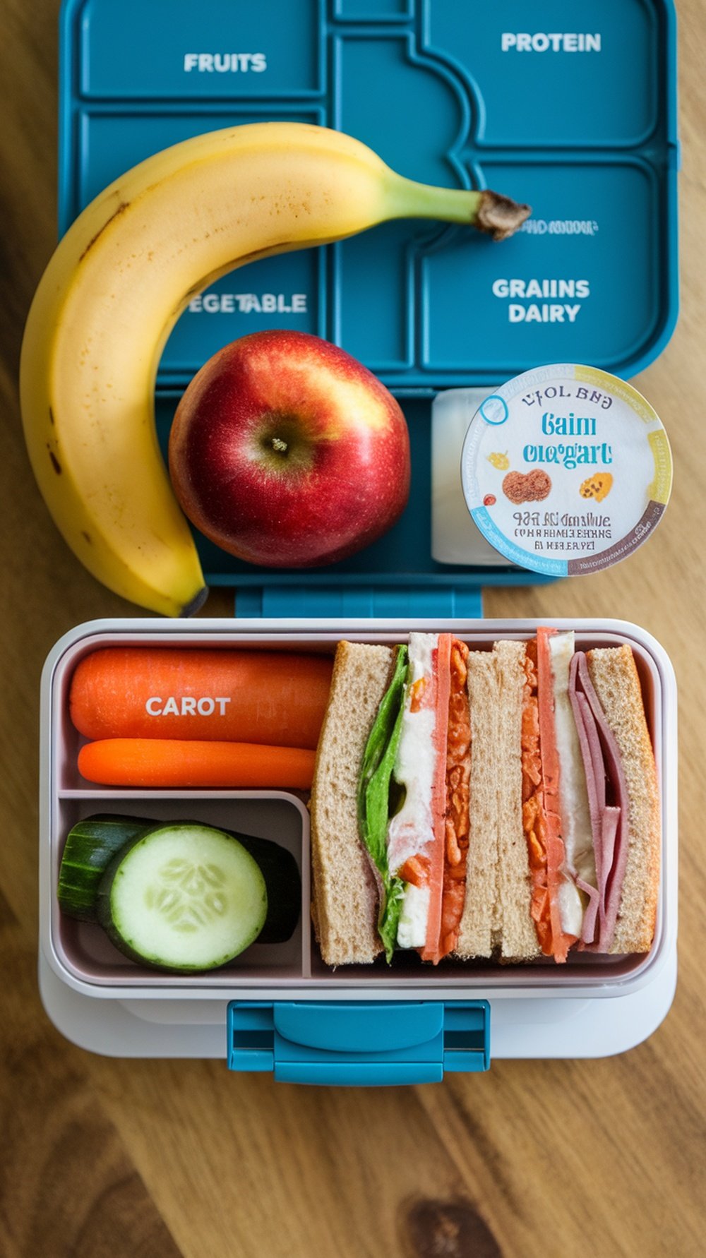 A colorful lunchbox filled with a sandwich, fruits, vegetables, and yogurt.